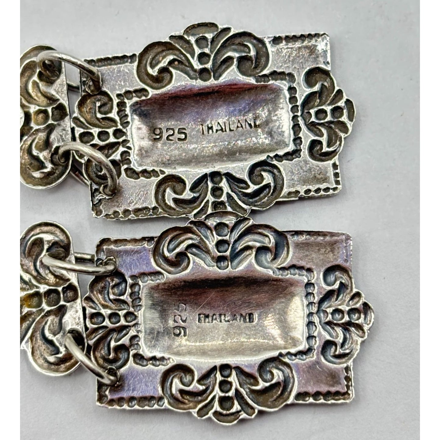 Antique Style 925 Silver Dangle Earrings Ornate Rectangular Design