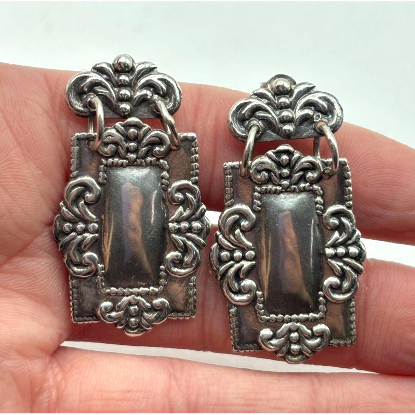 Antique Style 925 Silver Dangle Earrings Ornate Rectangular Design