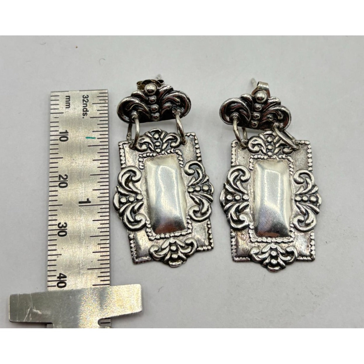 Antique Style 925 Silver Dangle Earrings Ornate Rectangular Design