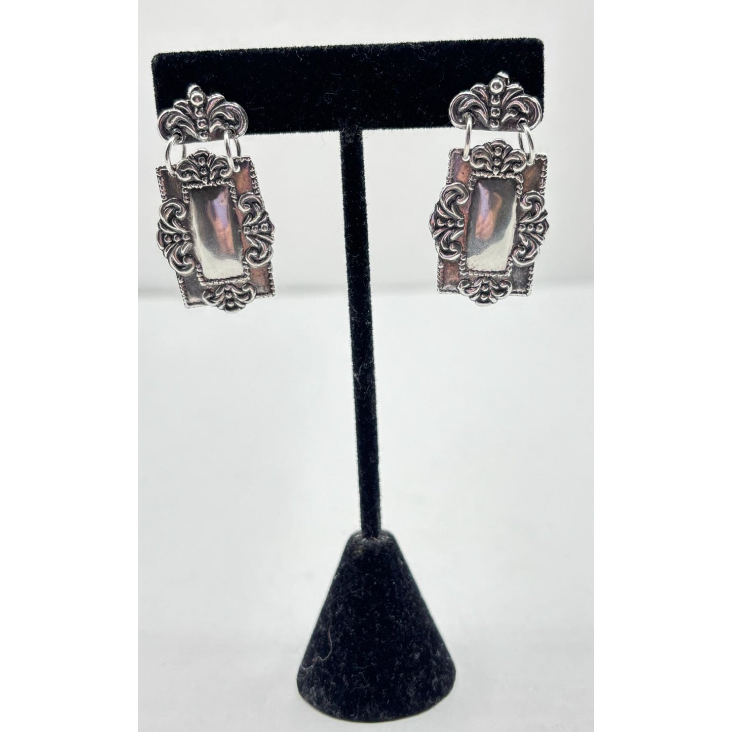 Antique Style 925 Silver Dangle Earrings Ornate Rectangular Design
