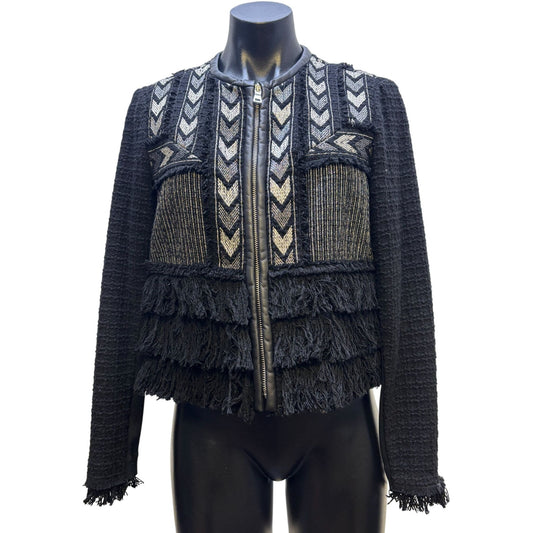 Rebecca Taylor Black & Silver Tweed Jacket W/ Fringe Detail Size 8