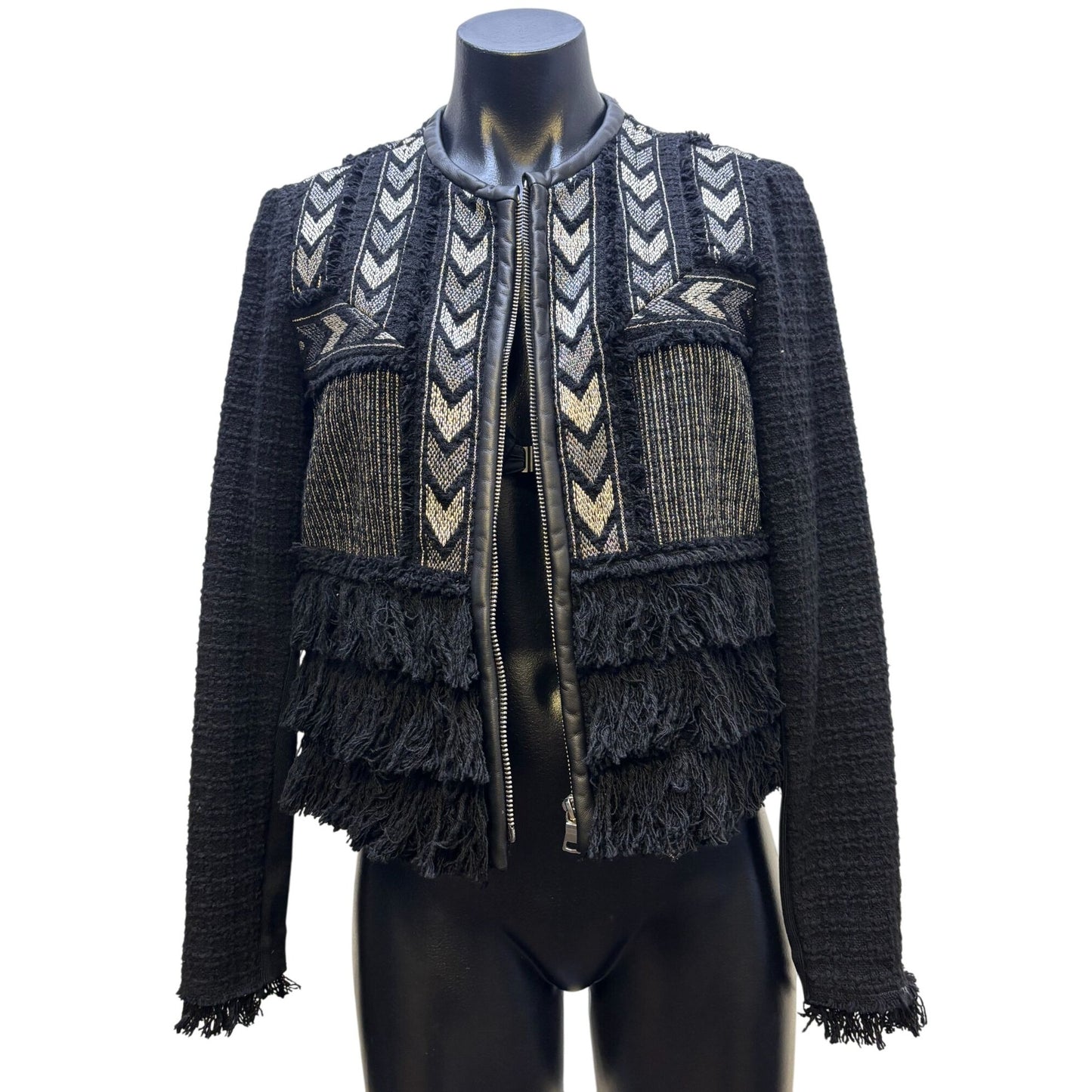 Rebecca Taylor Black & Silver Tweed Jacket W/ Fringe Detail Size 8
