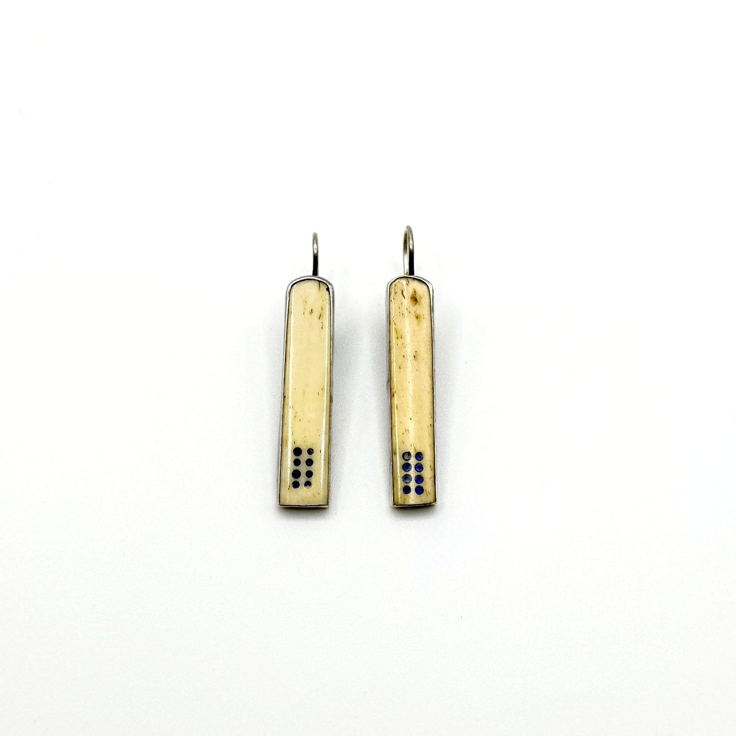 Handcrafted 925 Sterling Silver Bar Dangle Earrings With Ivory & Blue Dot Accents