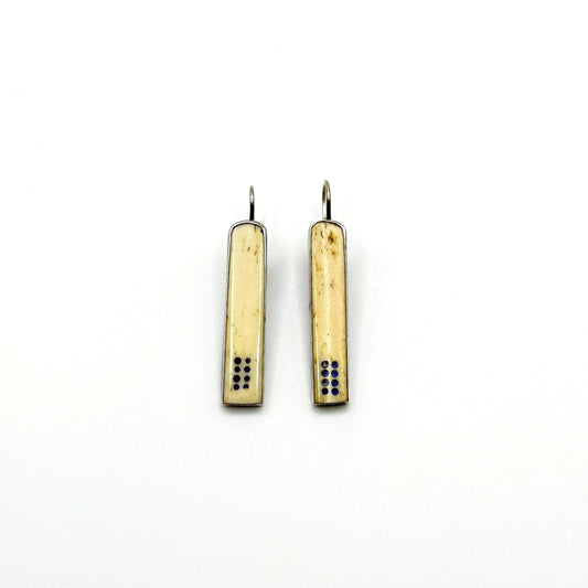 Handcrafted 925 Sterling Silver Bar Dangle Earrings With Ivory & Blue Dot Accents