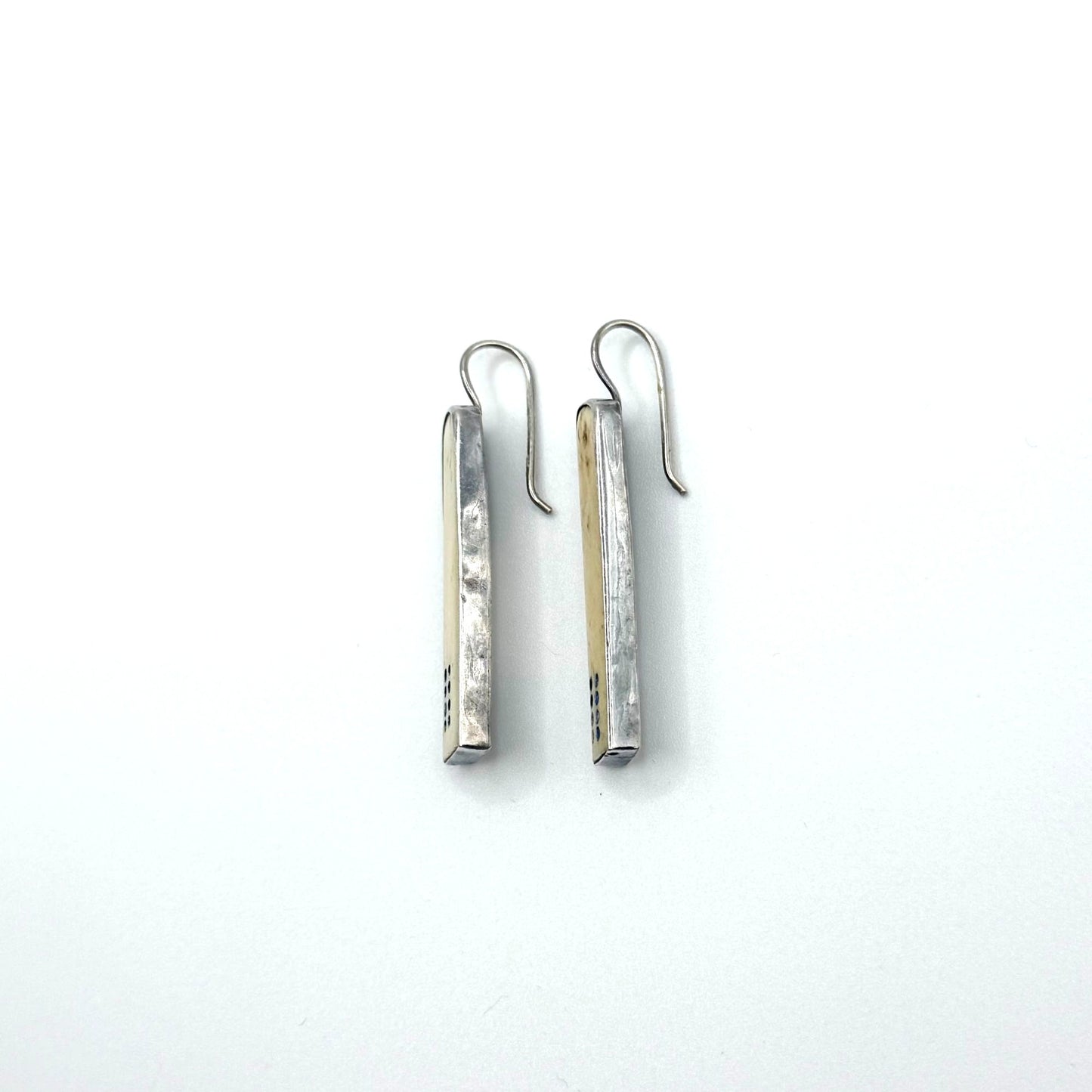 Handcrafted 925 Sterling Silver Bar Dangle Earrings With Ivory & Blue Dot Accents