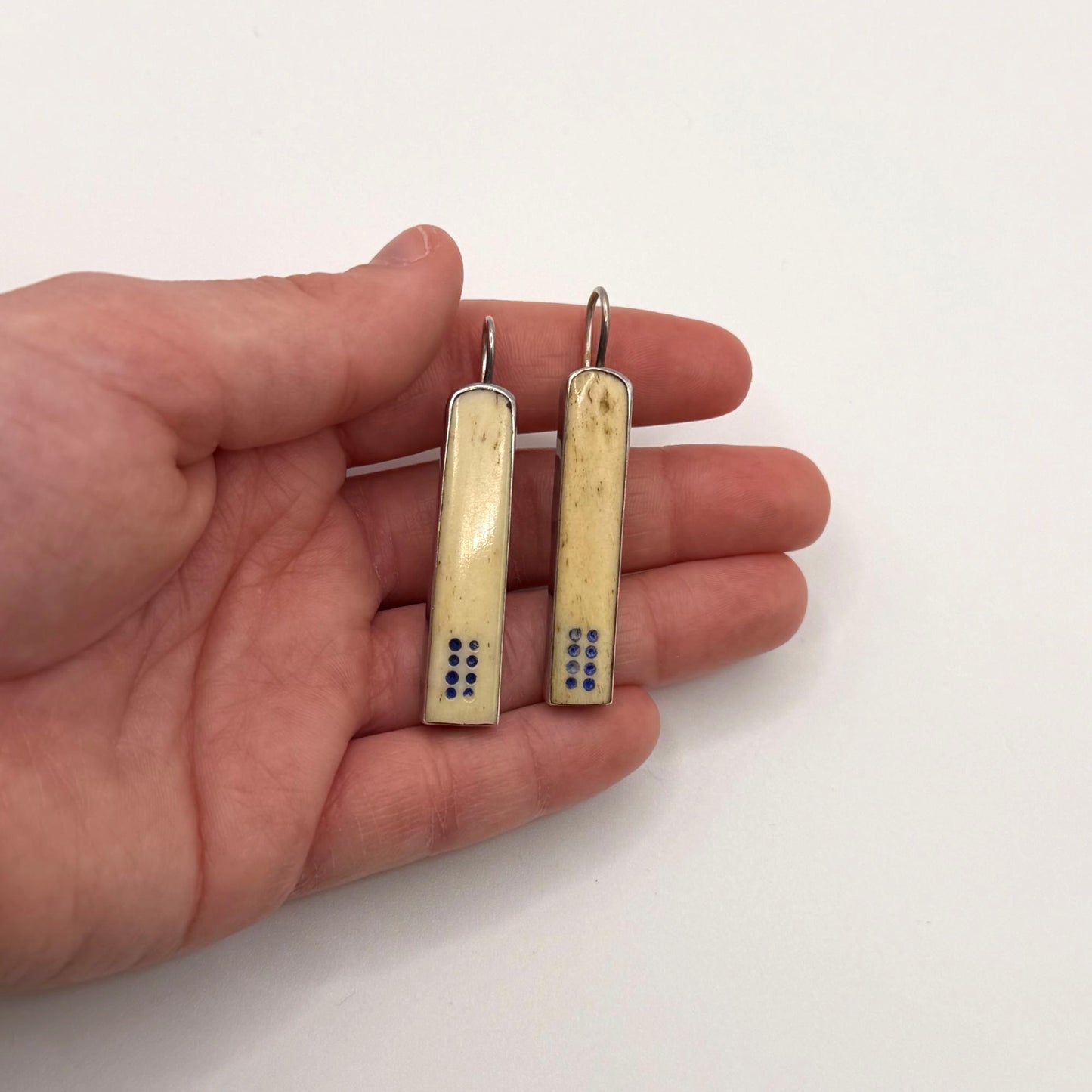 Handcrafted 925 Sterling Silver Bar Dangle Earrings With Ivory & Blue Dot Accents