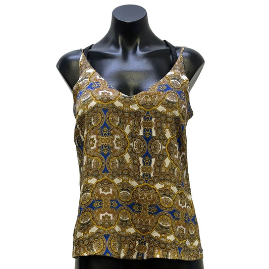 L'agence Silk Sleeveless Blouse Gold & Blue Baroque Print XS