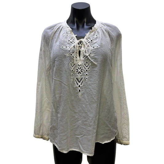Jade Johnny Was White Embroidered Blouse With Tie Neck & Lace Details Size S