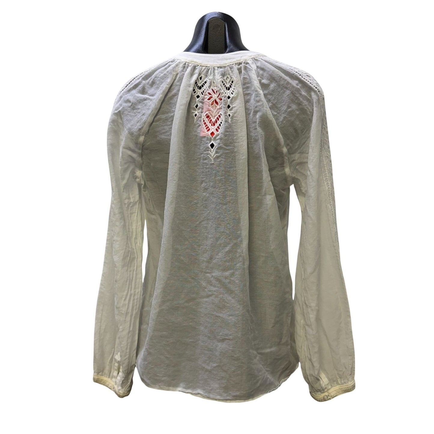 Jade Johnny Was White Embroidered Blouse With Tie Neck & Lace Details Size S