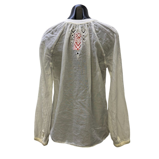 Jade Johnny Was White Embroidered Blouse With Tie Neck & Lace Details Size S