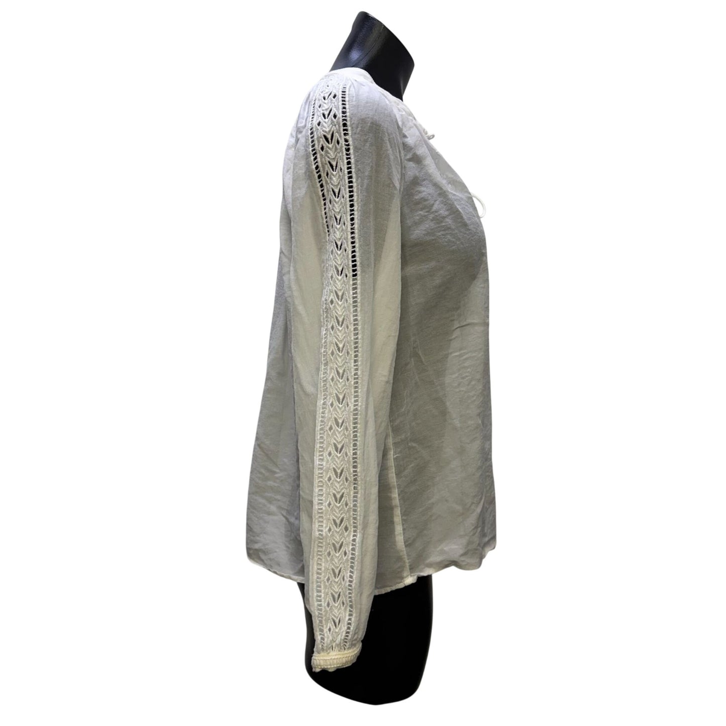 Jade Johnny Was White Embroidered Blouse With Tie Neck & Lace Details Size S