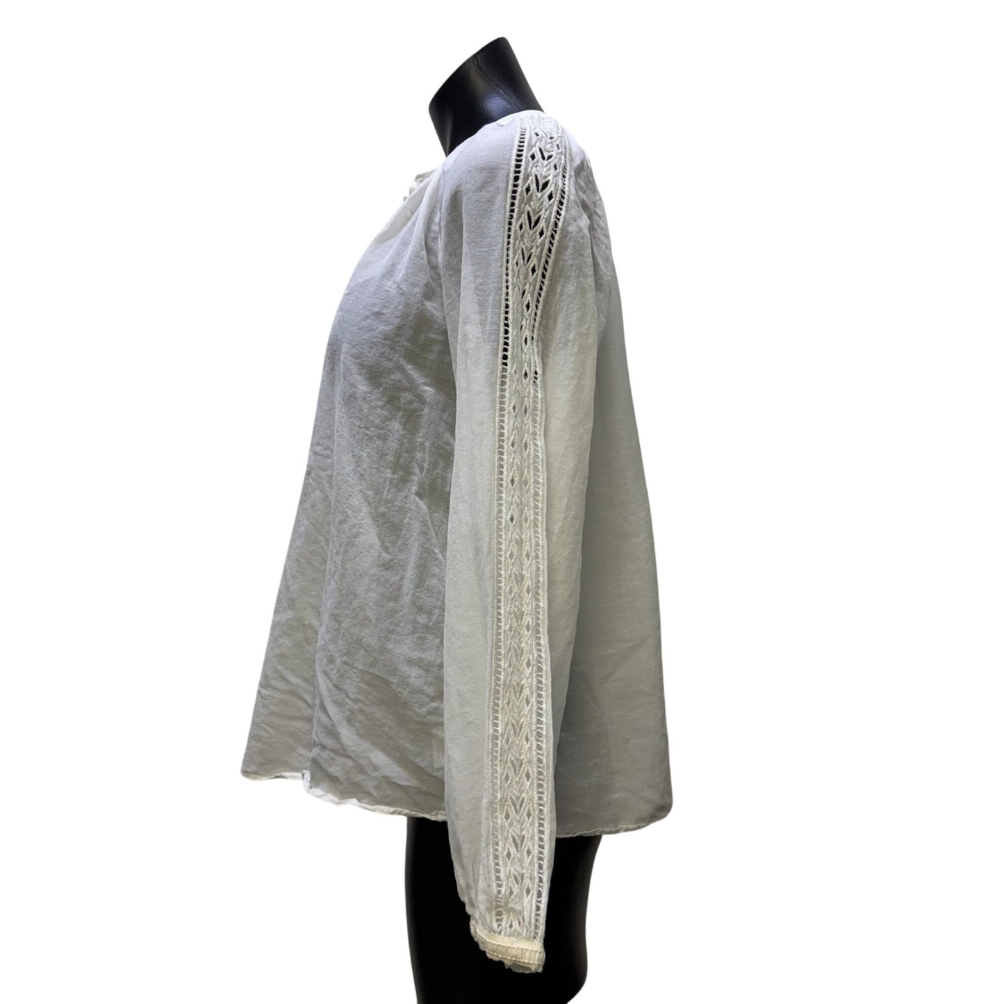 Jade Johnny Was White Embroidered Blouse With Tie Neck & Lace Details Size S