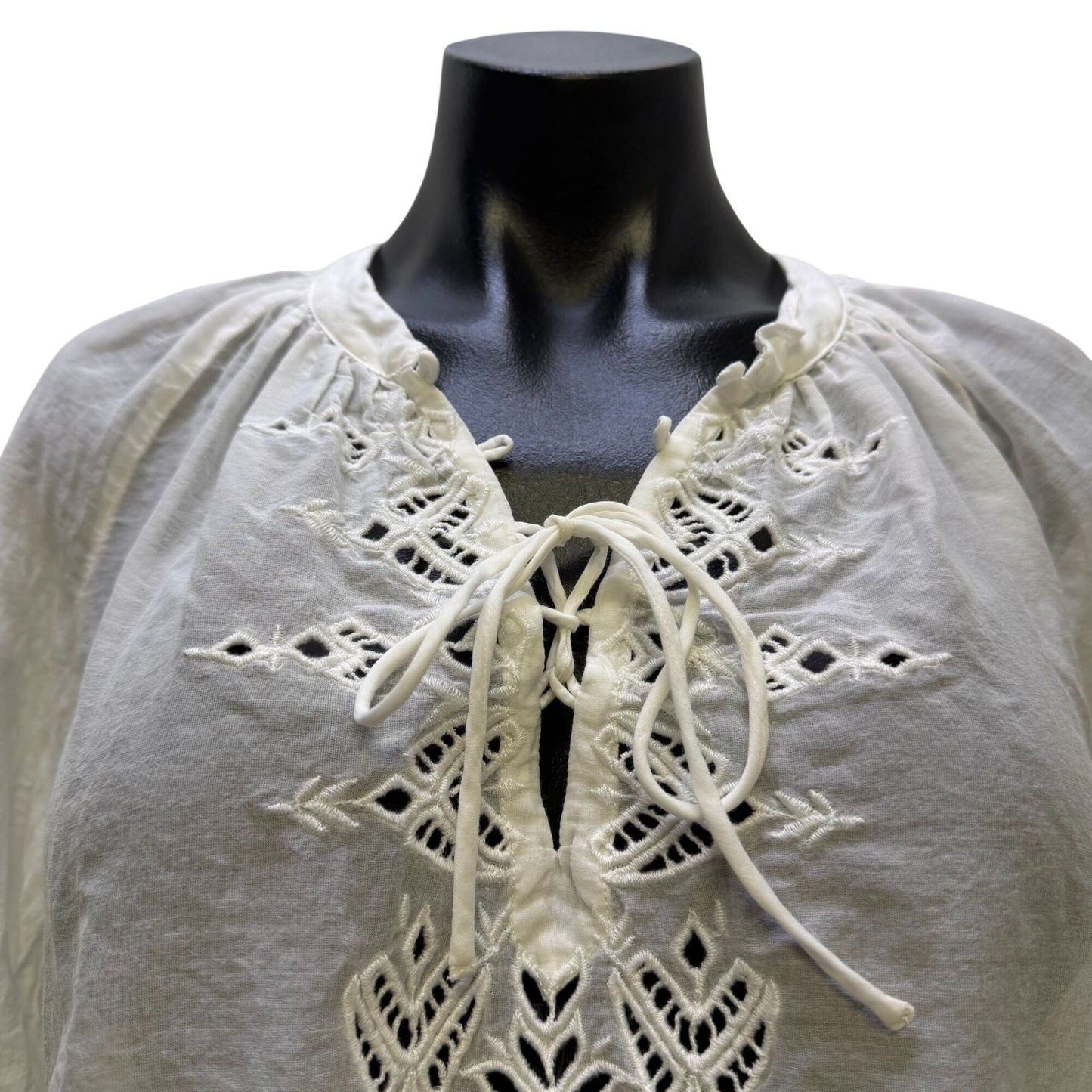 Jade Johnny Was White Embroidered Blouse With Tie Neck & Lace Details Size S