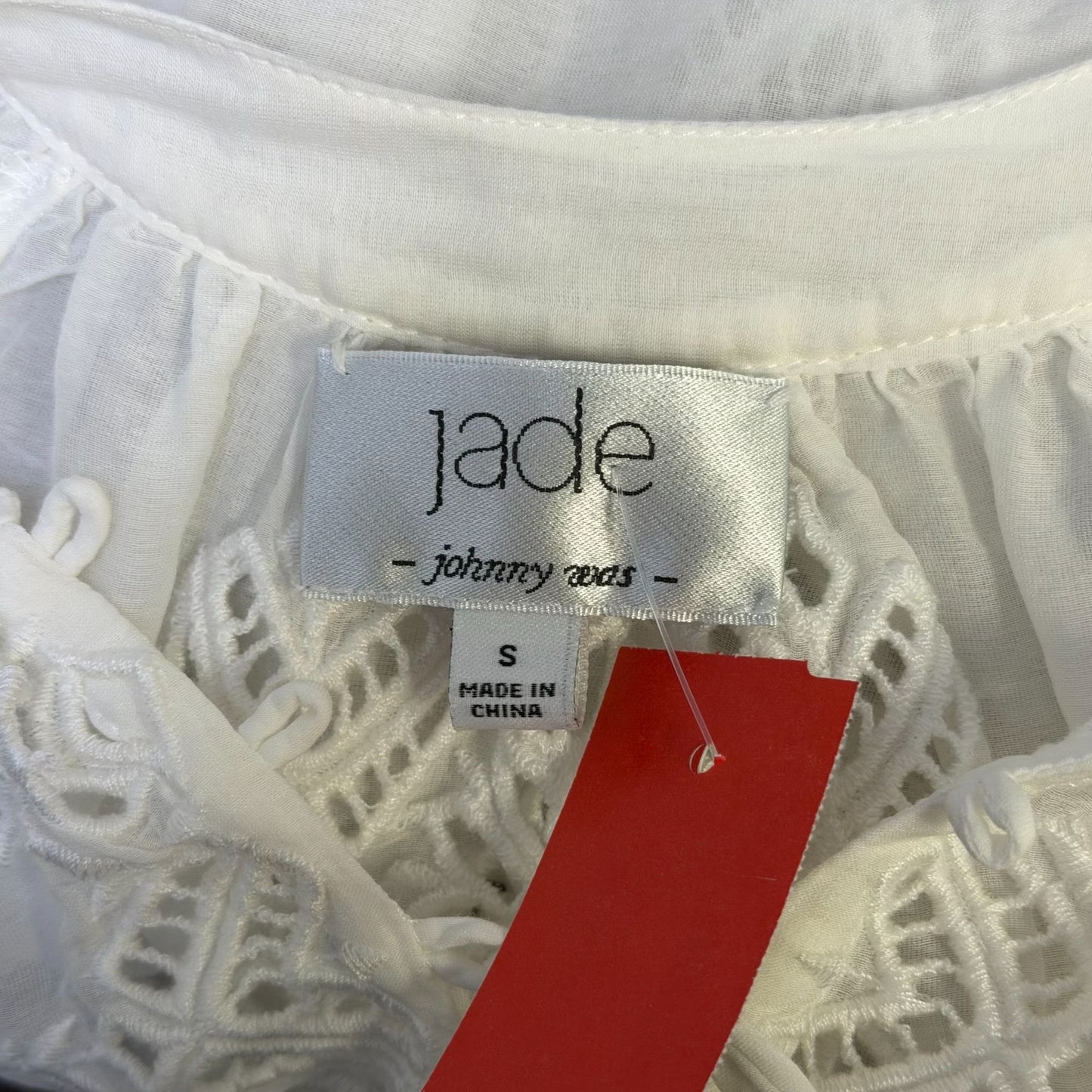 Jade Johnny Was White Embroidered Blouse With Tie Neck & Lace Details Size S