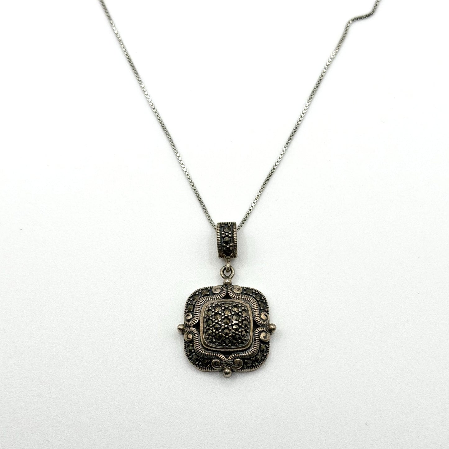 925 Sterling Silver Necklace With Square Marcasite Pendant