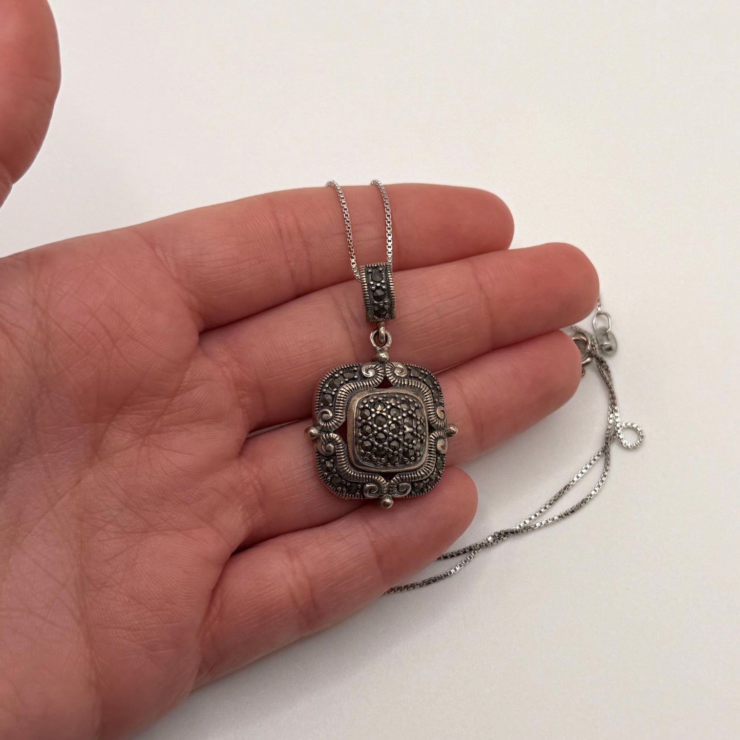 925 Sterling Silver Necklace With Square Marcasite Pendant
