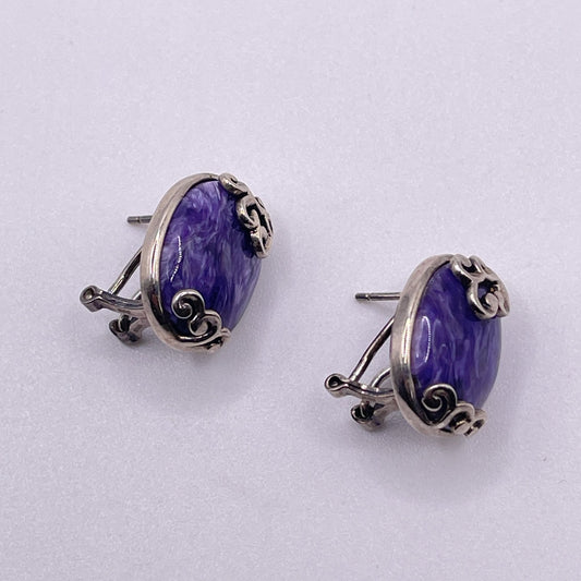 Vintage 925 Sterling Silver Oval Charoite Earrings Intricate Scroll Design