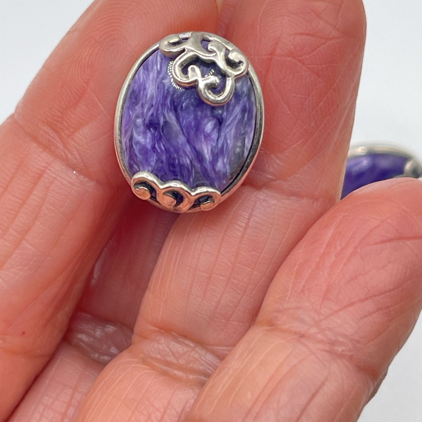 Vintage 925 Sterling Silver Oval Charoite Earrings Intricate Scroll Design