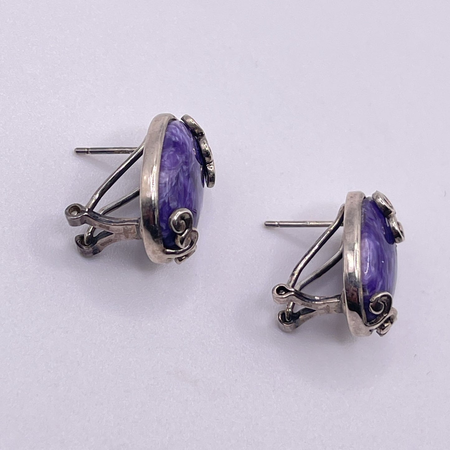 Vintage 925 Sterling Silver Oval Charoite Earrings Intricate Scroll Design