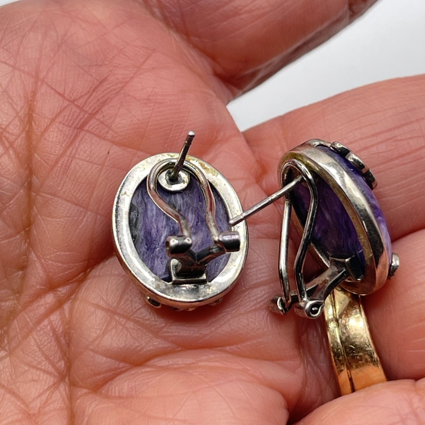 Vintage 925 Sterling Silver Oval Charoite Earrings Intricate Scroll Design