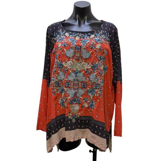 Pete & Greta Johnny Was Embroidered Silk Blouse Red Multi L