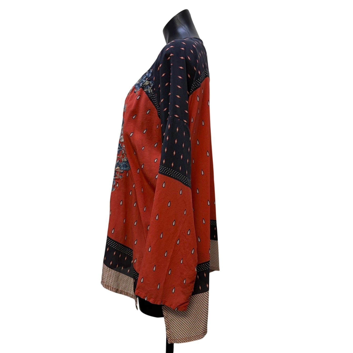 Pete & Greta Johnny Was Embroidered Silk Blouse Red Multi L