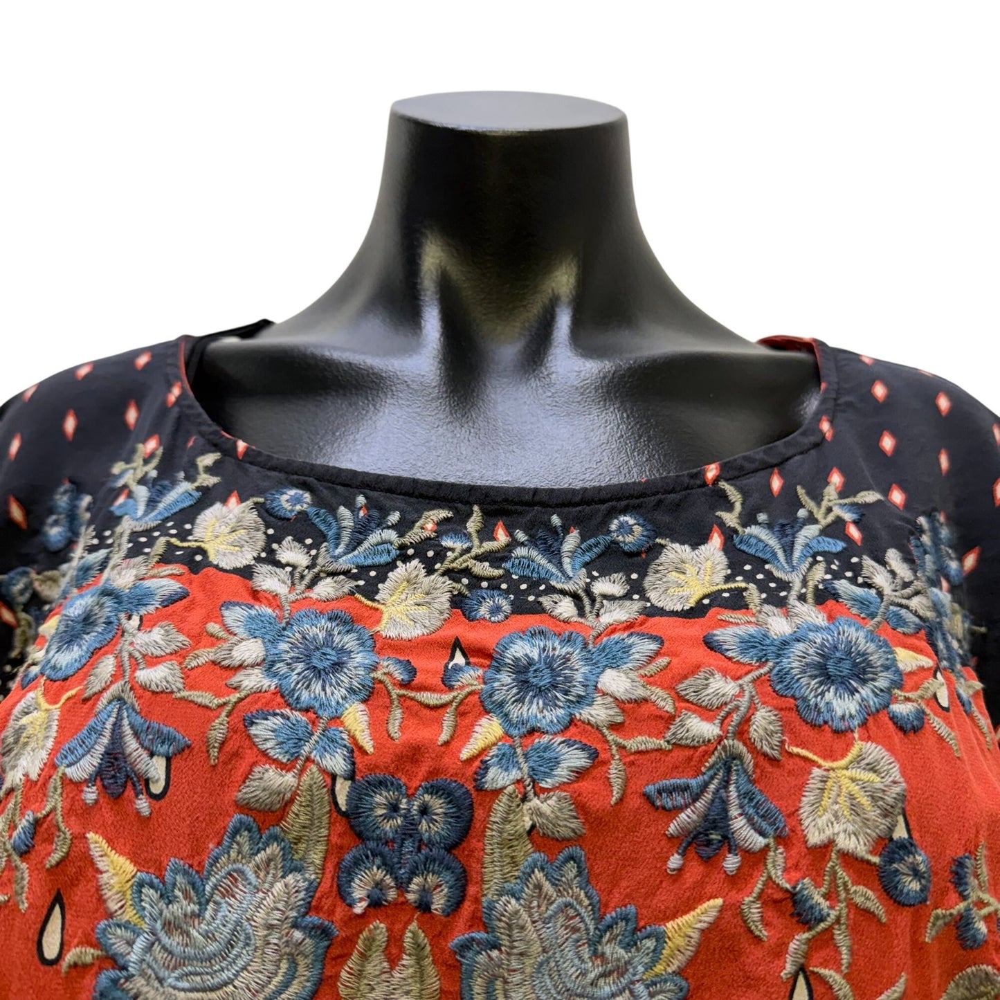 Pete & Greta Johnny Was Embroidered Silk Blouse Red Multi L
