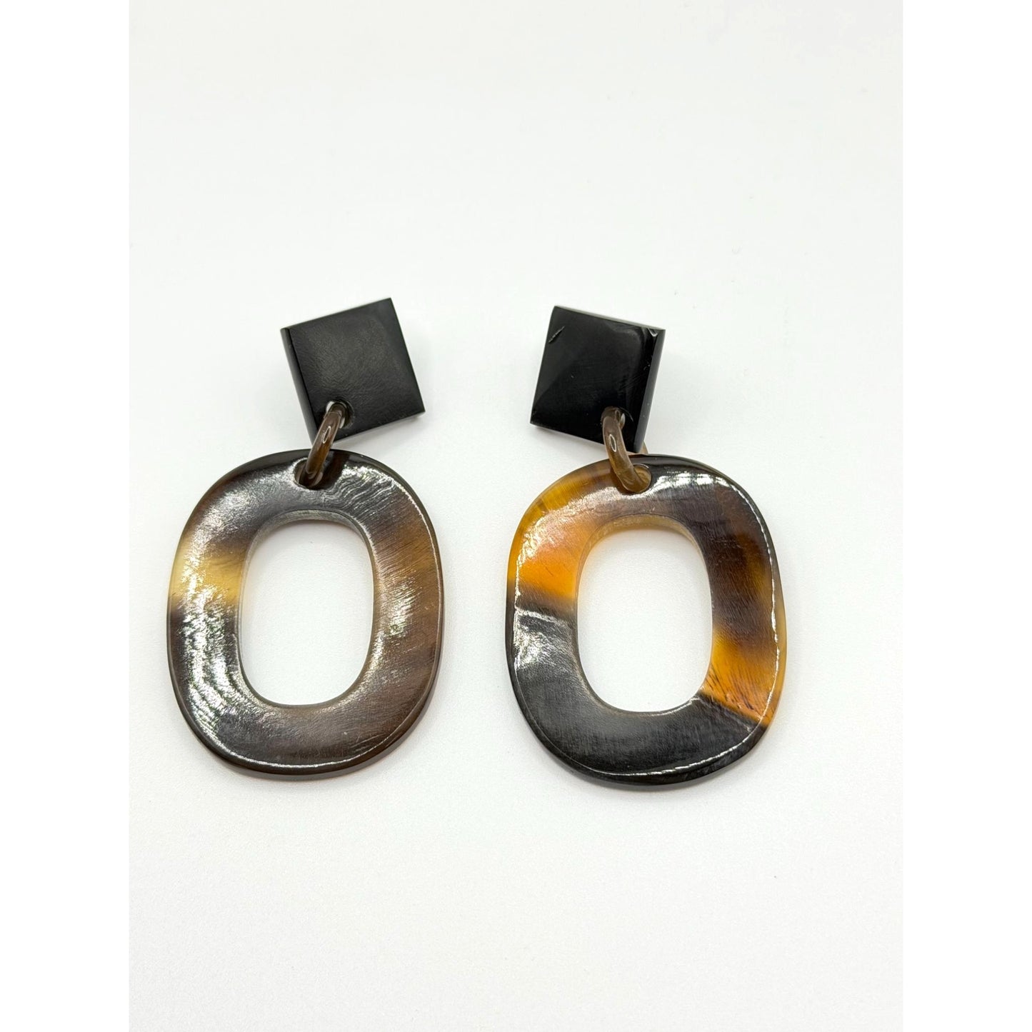 Geometric Black & Brown Resin Dangle Earrings With Open Oval Design Lightweight
