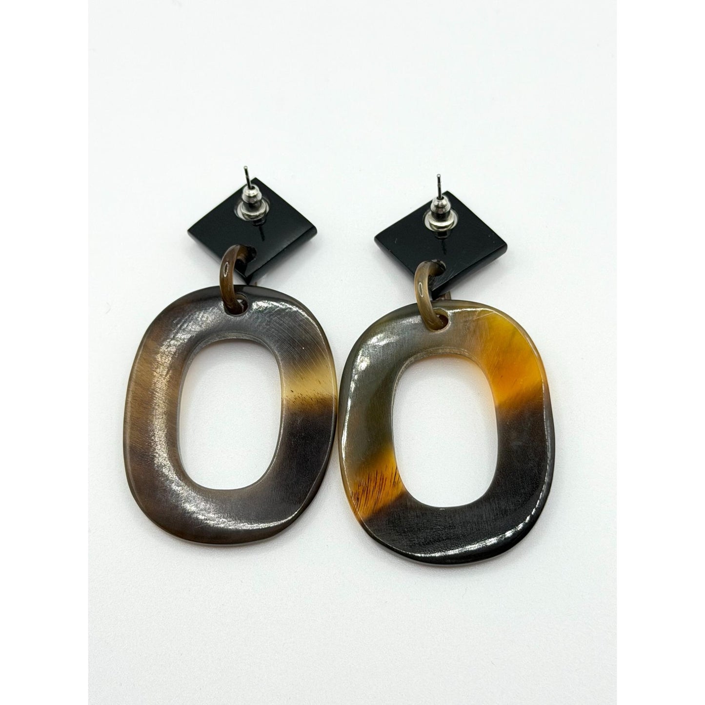 Geometric Black & Brown Resin Dangle Earrings With Open Oval Design Lightweight