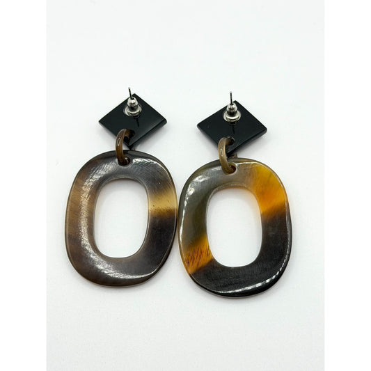 Geometric Black & Brown Resin Dangle Earrings With Open Oval Design Lightweight