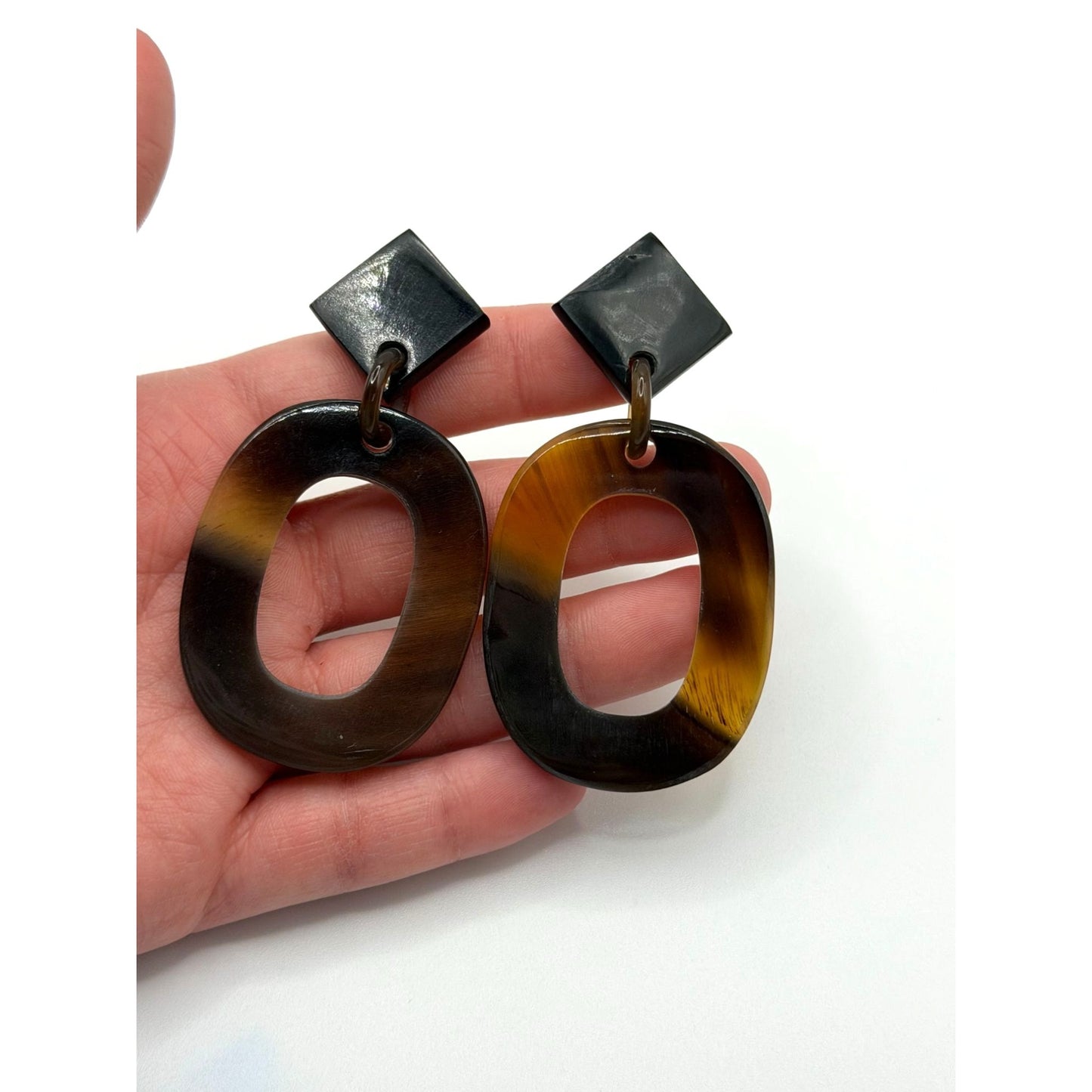 Geometric Black & Brown Resin Dangle Earrings With Open Oval Design Lightweight
