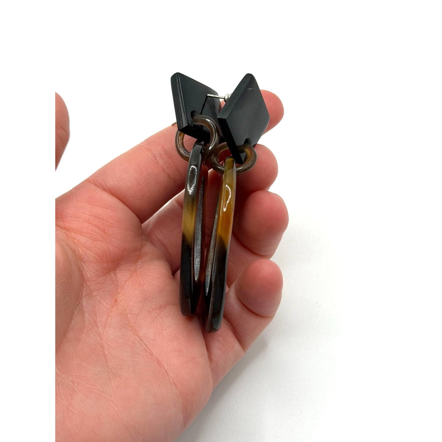 Geometric Black & Brown Resin Dangle Earrings With Open Oval Design Lightweight