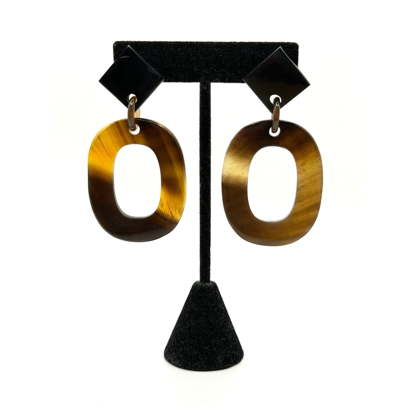Geometric Black & Brown Resin Dangle Earrings With Open Oval Design Lightweight