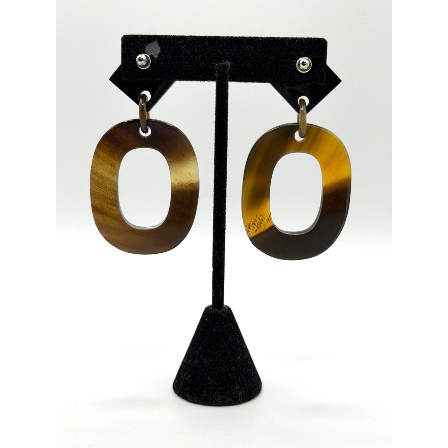 Geometric Black & Brown Resin Dangle Earrings With Open Oval Design Lightweight