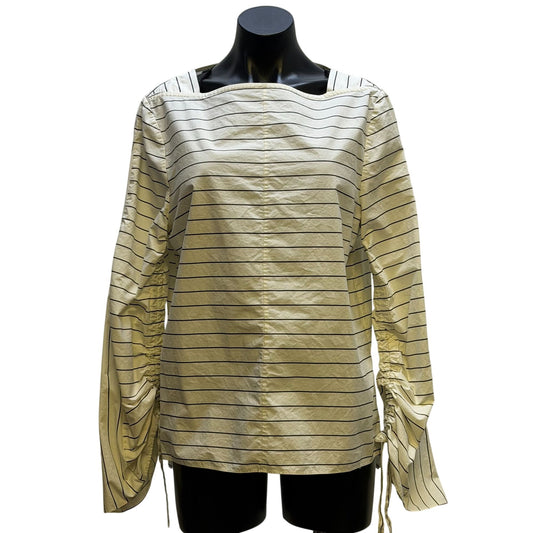 Tibi White & Black Striped Cotton Blouse With Drawstring Sleeves Size 12