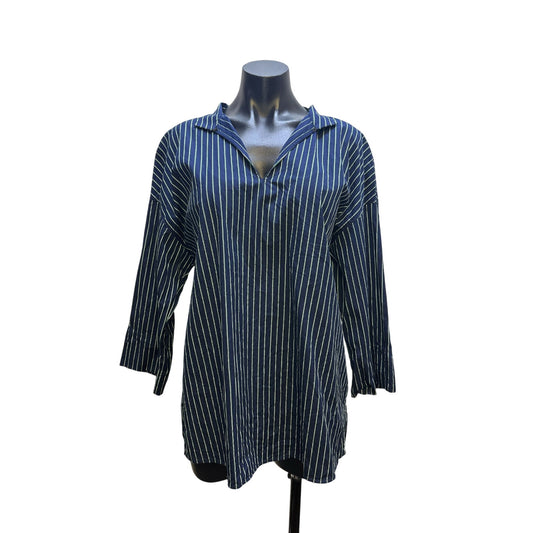 Lafayette 148 Navy & White Striped  Blouse Size L