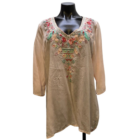 Johnny Was Silk Embroidered Blouse Pink L