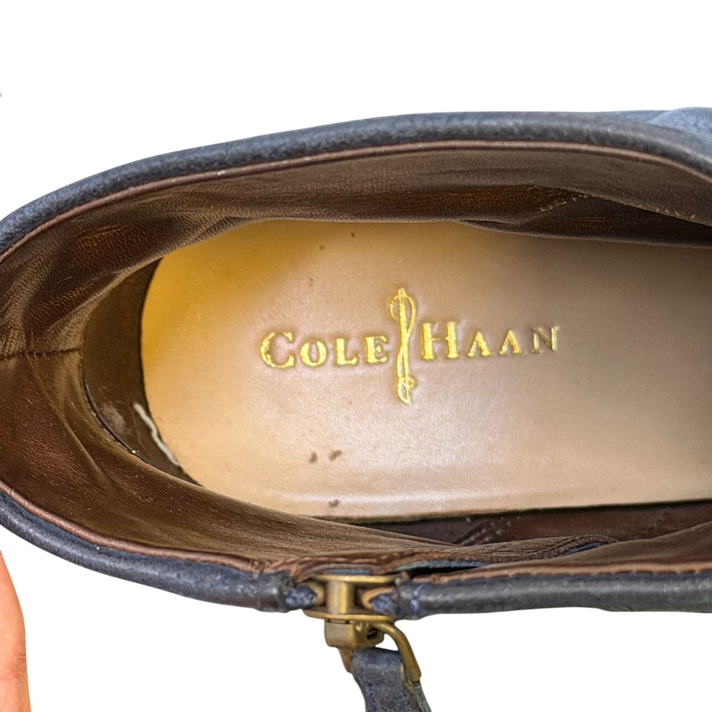 Cole Haan Navy Leather Ankle Boots With Wooden Block Heel Size 7