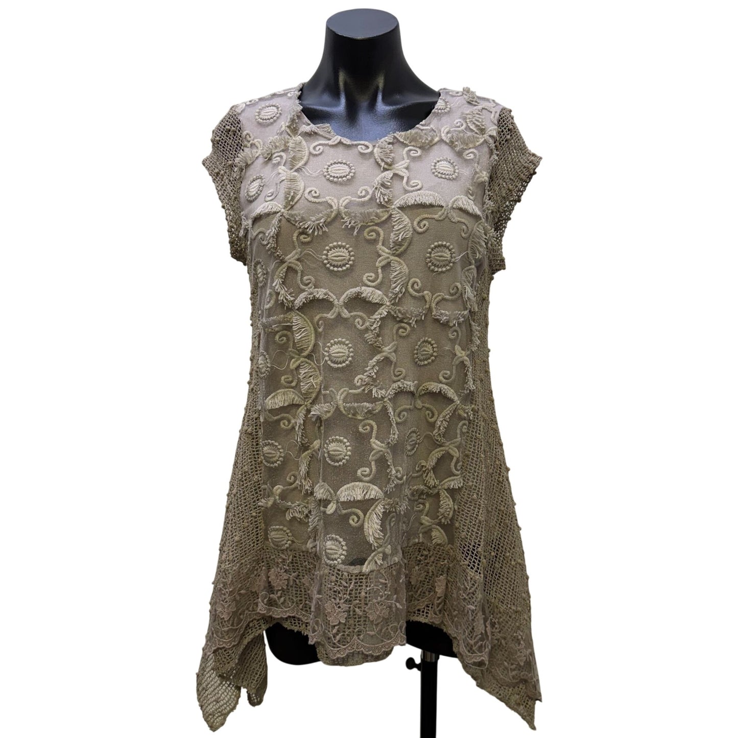 Tempo Paris Beige Textured Embroidered Blouse Tunic Top M
