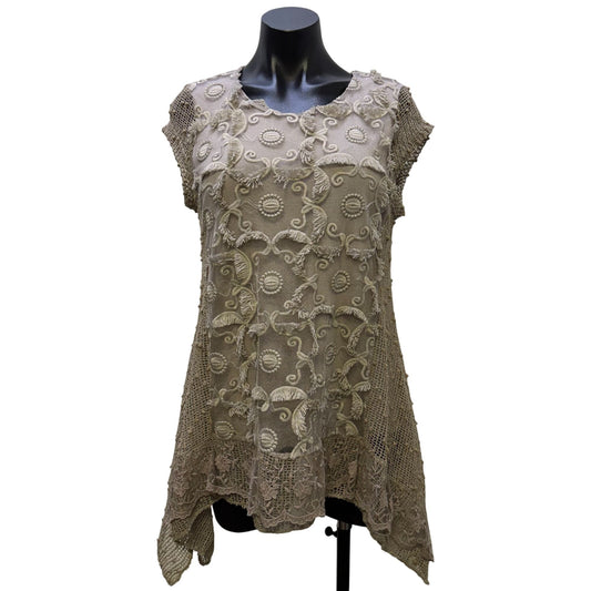 Tempo Paris Beige Textured Embroidered Blouse Tunic Top M
