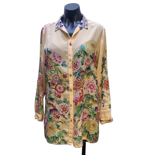 Johnny Was Peach & Multicolored Print Button Tunic Blouse, Size S