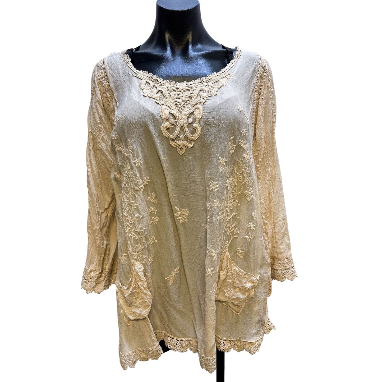 Johnny Was Boho-Chic Cream Embroidered Tunic Top Lace Details & Pockets Size L