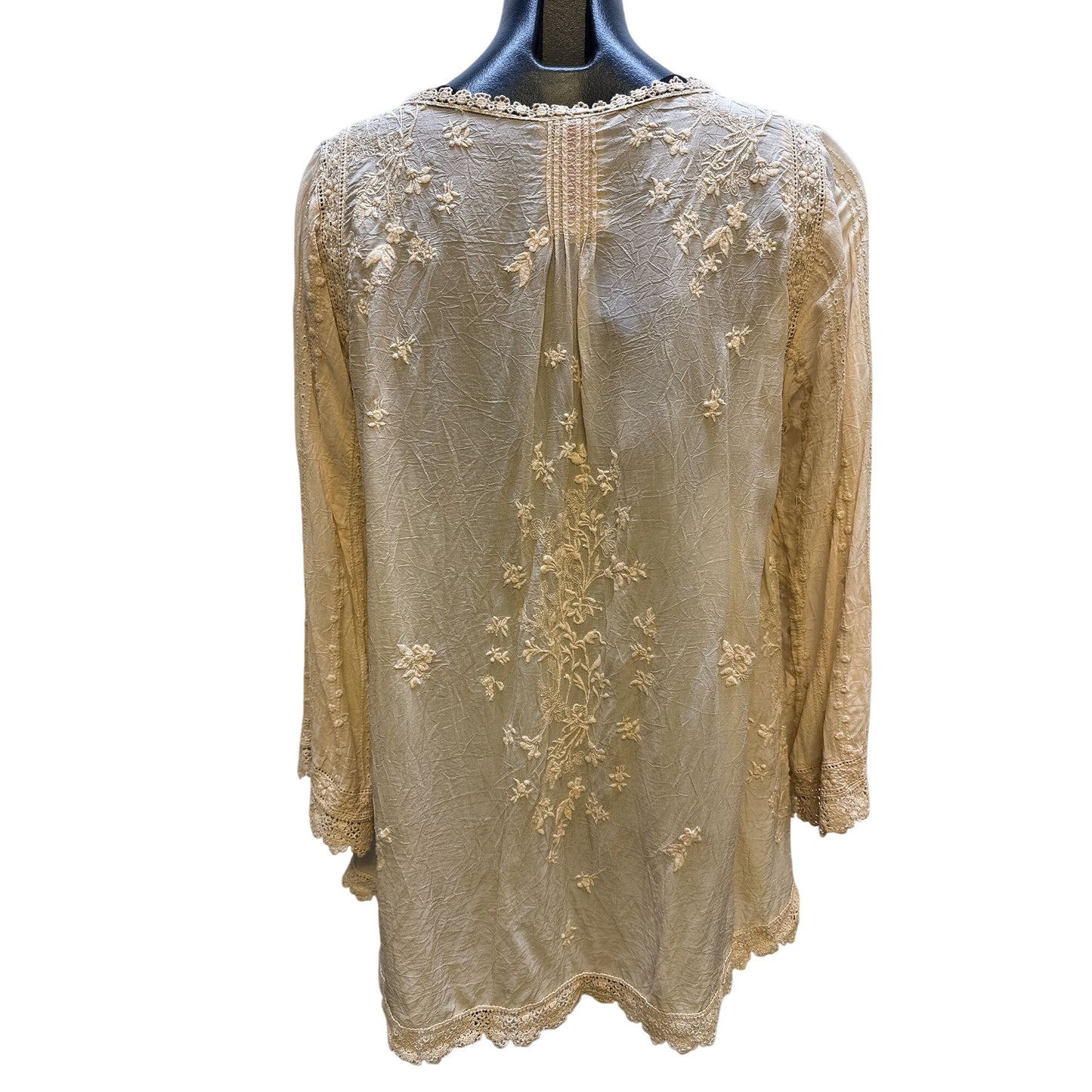 Johnny Was Boho-Chic Cream Embroidered Tunic Top Lace Details & Pockets Size L