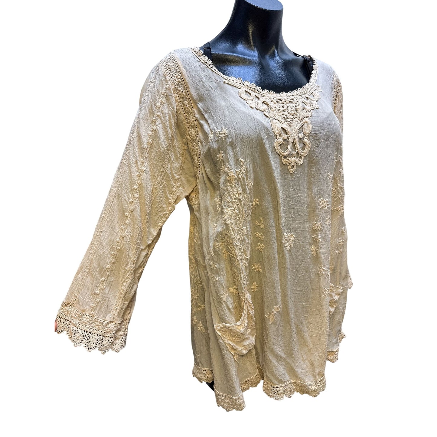 Johnny Was Boho-Chic Cream Embroidered Tunic Top Lace Details & Pockets Size L