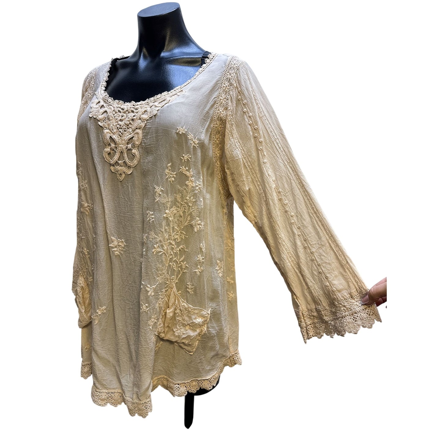 Johnny Was Boho-Chic Cream Embroidered Tunic Top Lace Details & Pockets Size L