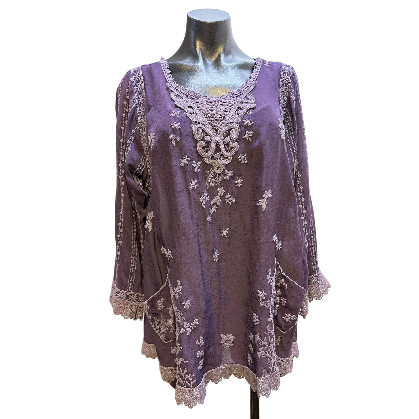 Johnny Was Eggplant Embroidered Tunic Top Size Medium