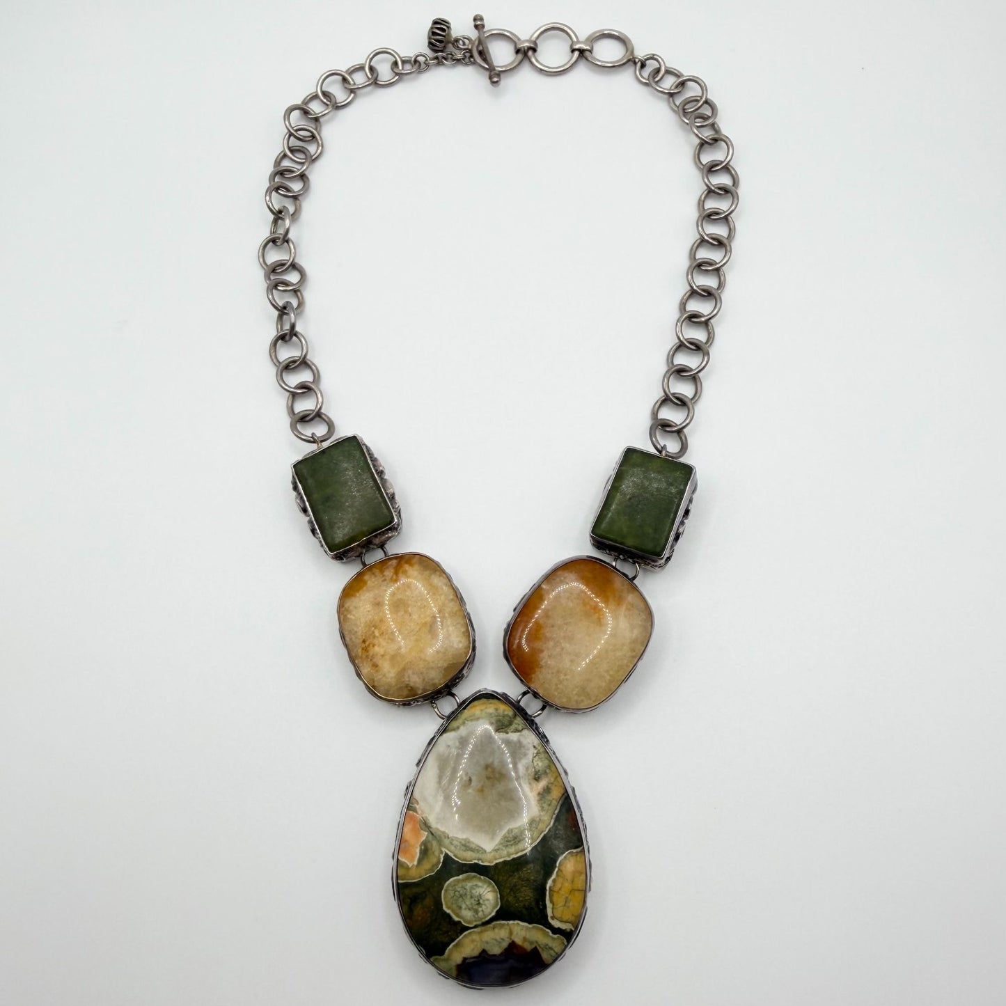 925 Sterling Silver Necklace With Green And Amber Stones Large Pendant