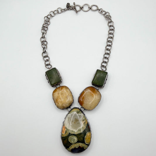 925 Sterling Silver Necklace With Green And Amber Stones Large Pendant