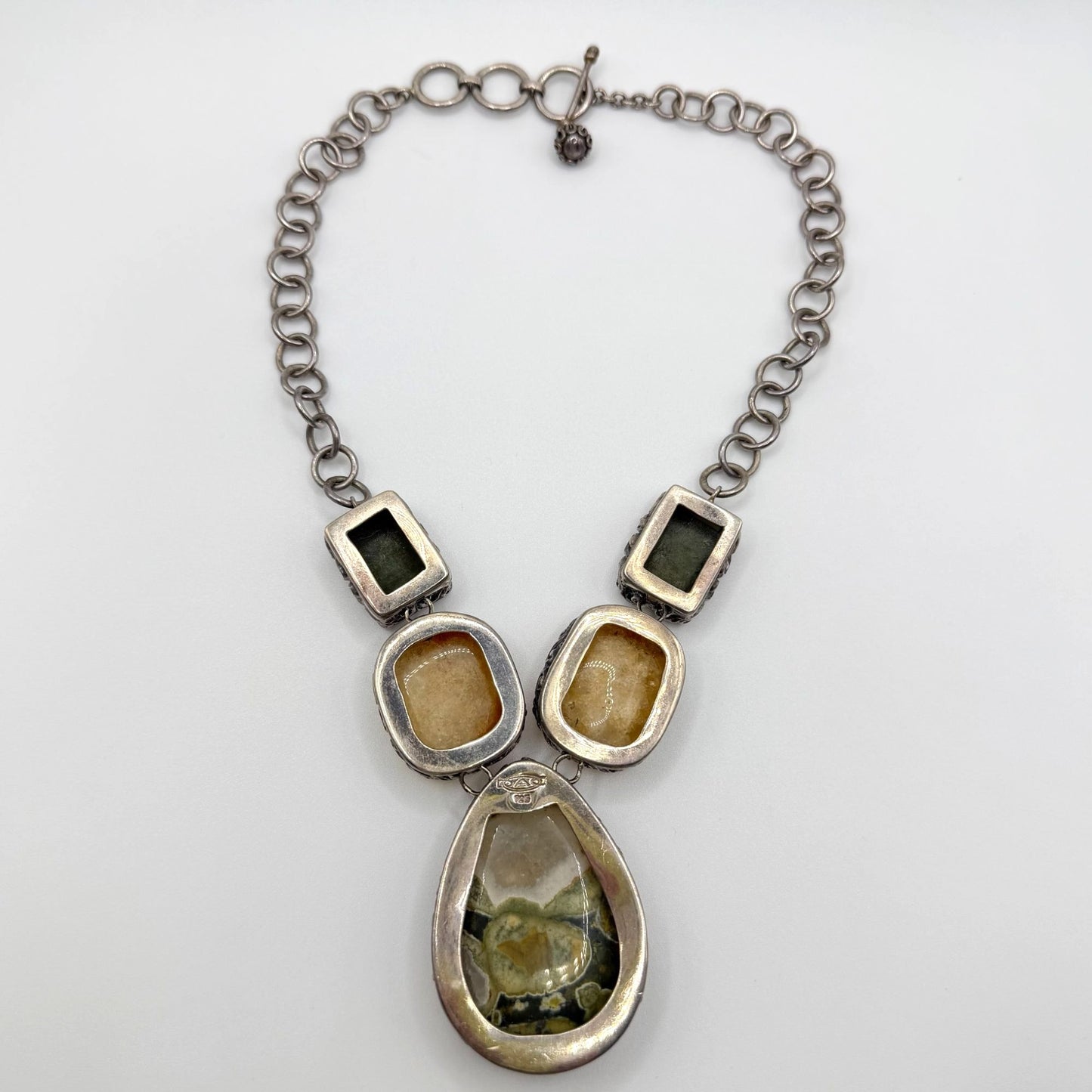 925 Sterling Silver Necklace With Green And Amber Stones Large Pendant