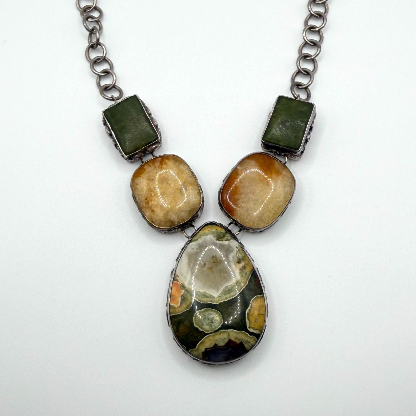 925 Sterling Silver Necklace With Green And Amber Stones Large Pendant